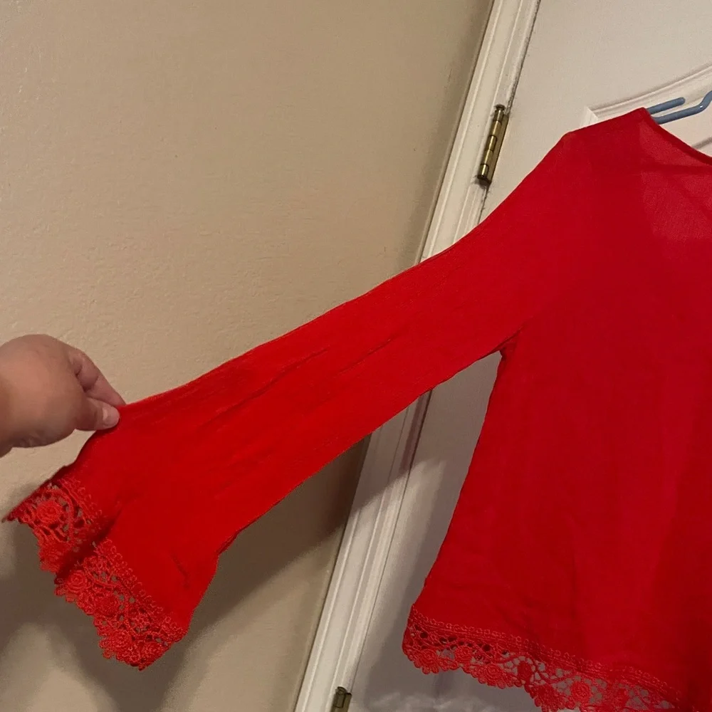 H&M Coachella Red‎ Crocheted Bell Sleeve Top 4 Festival Boho Party Coquette